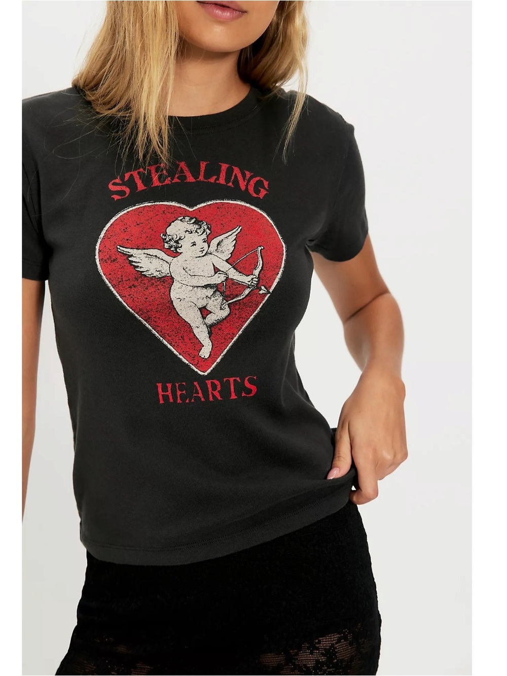 Free People Ragabond Stealing Hearts Baby Tee Black Cupid Size Small NWT